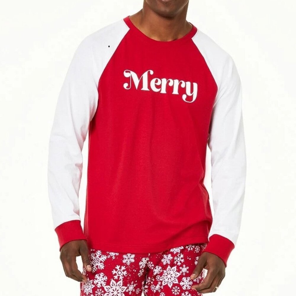 Family Pajamas Men's Long Raglan Sleeve Knit Top, Red Merry Christmas, Small